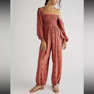 Free People Dahlia Smocked Embroidered Jumpsuit